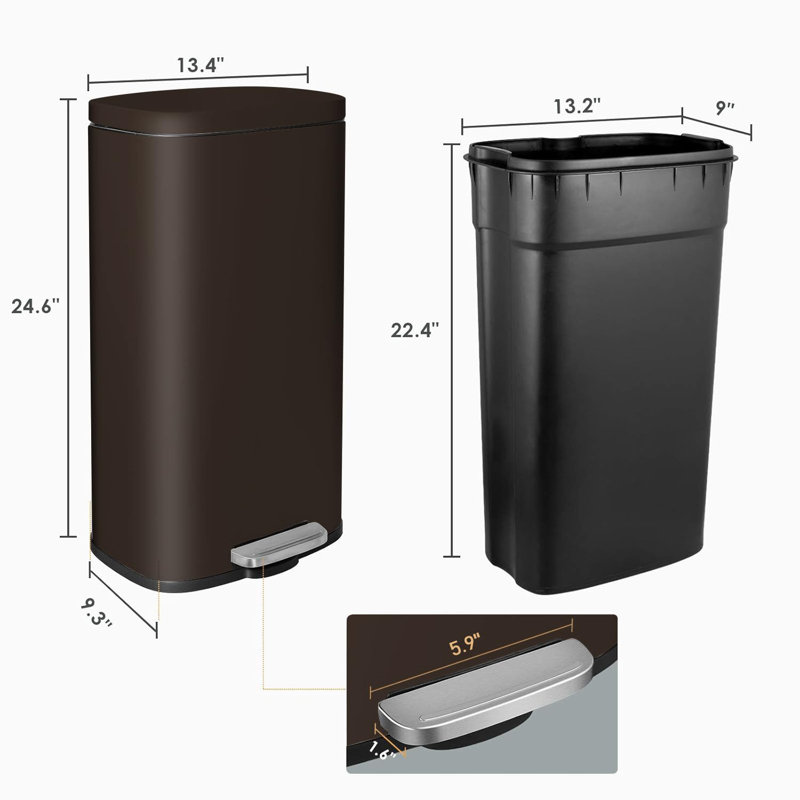 Poubelle à pédale, poubelle en acier inoxydable, poubelle à fermeture en douceur avec seau intérieur en plastique amovible, résistant aux empreintes digitales, poubelle à couvercle, combinaison pour la maison de cuisine