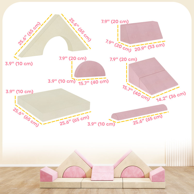 Canapé modulaire pour enfant 12 pièces, canapé modulaire pour enfant, rose, Rose / crème