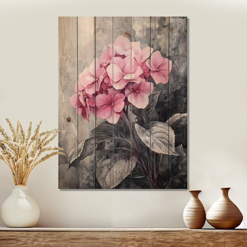 Soft Pink Hydrangea In Greyscale I - Hydrangea Wood Wall Art - On Natural Pine Wood, 44" H x 34" W x 0.78" D