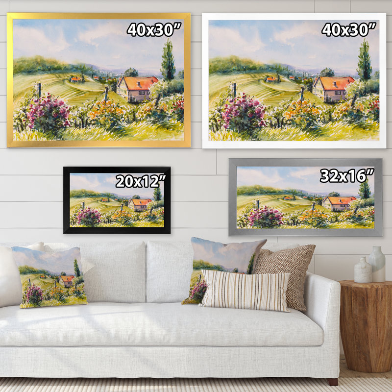 Petite maison dans la campagne verte - Peinture sur toile, H 30 po x l 40 po x P 1,5 po, Cadre de coin argenté fermé