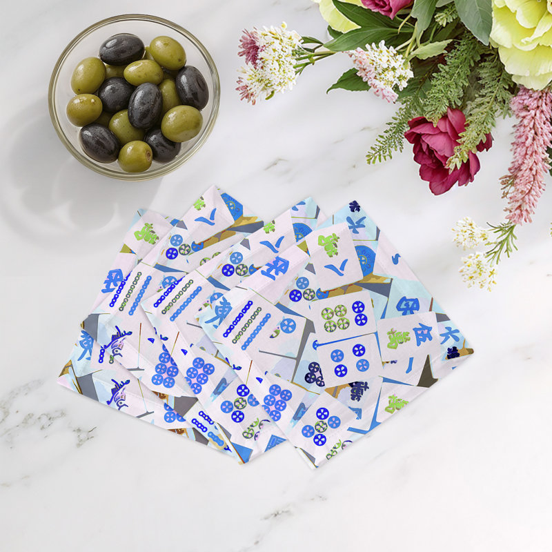 Mahjong Abstract Cotton Sateen Cocktail Napkins, Blues