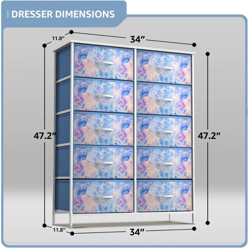 Sorbus 10 Drawers Dresser with Steel Frame and Fabric Bins, Blue