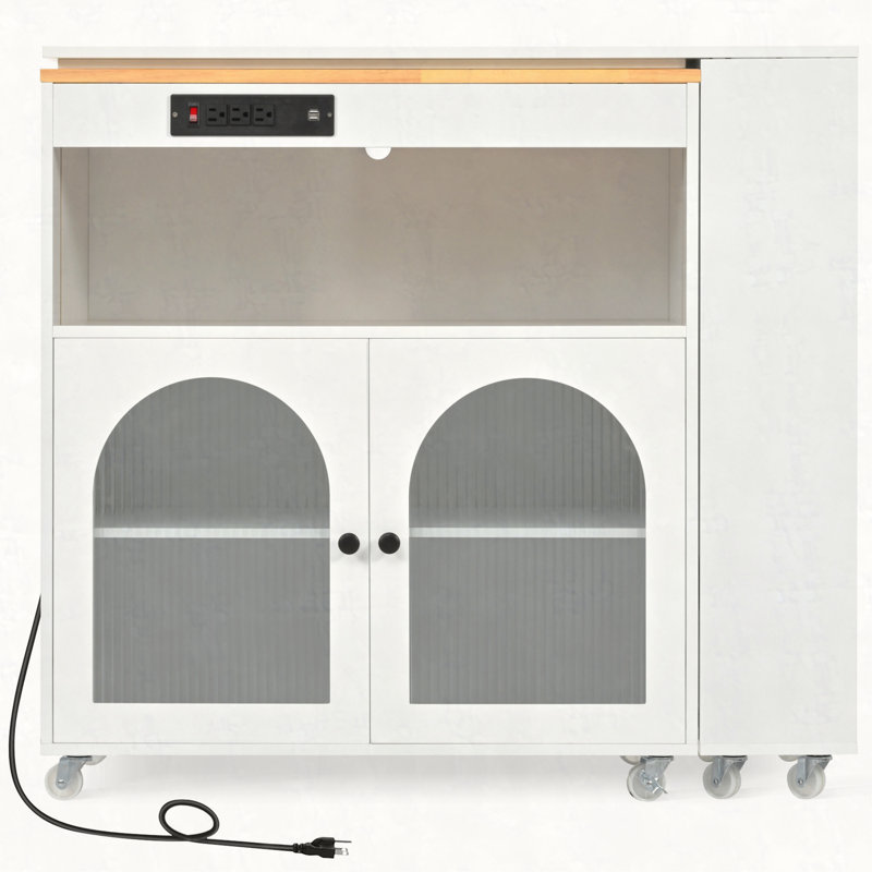 Îlot de cuisine roulant avec table allongée, îlot de cuisine sur roulettes avec lumières DEL, prises de courant et 2 portes en verre cannelé, îlot de cuisine avec compartiment de rangement et 3 tablettes ouvertes latérales