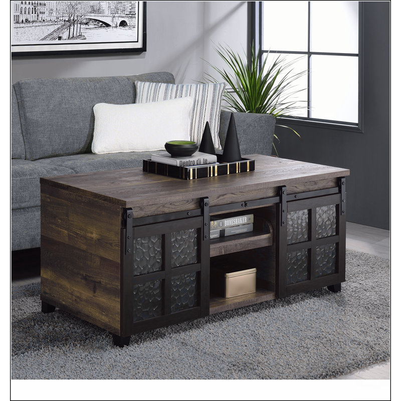 Rustic Oak and Black Coffee Table with Sliding Doors
