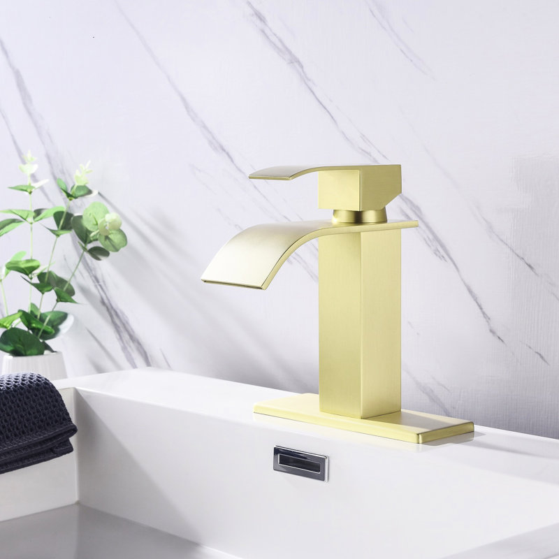 Robinet pour salle de bain à poignée simple Waterfall Spout, acier inoxydable avec robinet à finition or brossé, Or brossé