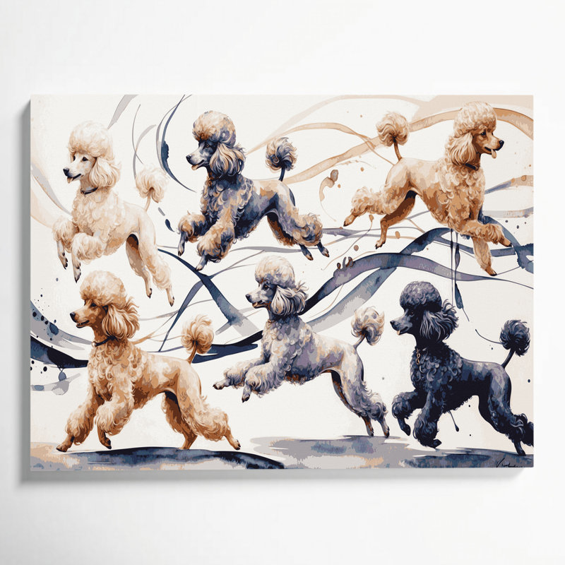 Chiens, caniche, art mural sur toile grise, H 12 po x l 18 po