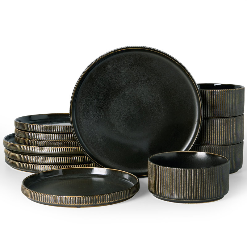 Stoneware Dinnerware Set 12 Piece - Service for 4, Black