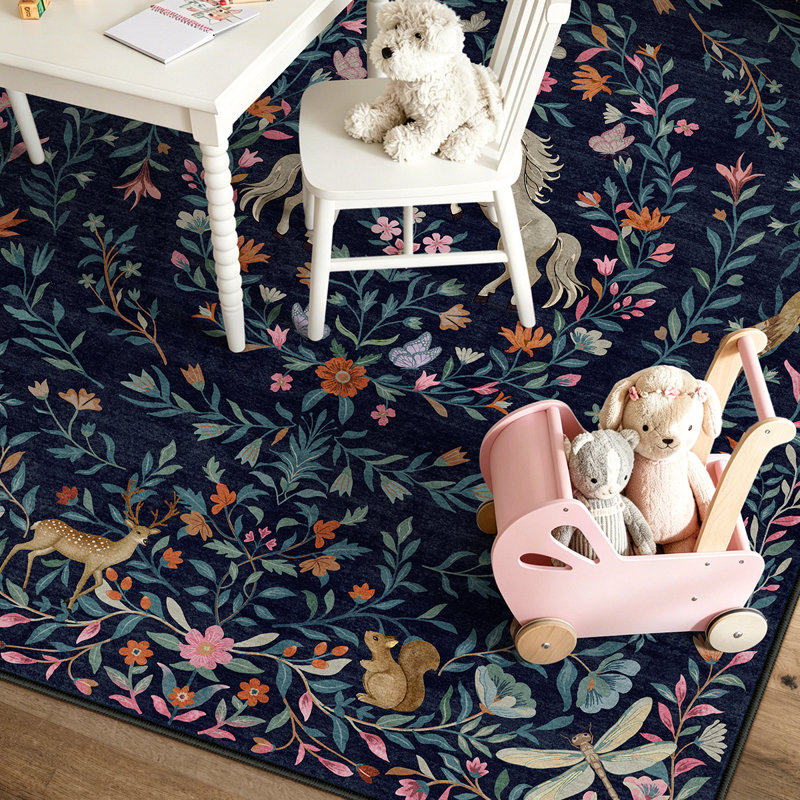 Goldene Machine Washable Area Rugs Non Slip Soft Low Pile Unicorn Floral Farmhouse Moroccan Vintage Carpet, Runner 2' x 6'