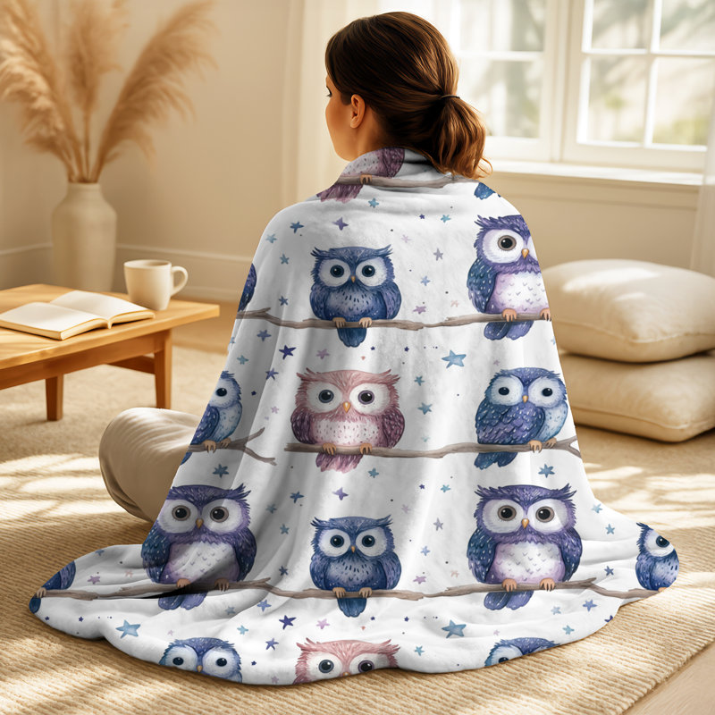 Jeté Pastel Owls III, Purple/White Birds