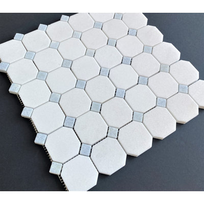 2" x 2" Thassos White Marble Ocatagon and Blue Celeste dot Moasic Floor andWall Tile