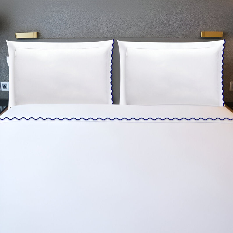 400TC Cotton Small Scallop Embroidery Cotton 4 Piece Sheet Set Fitted Sheet Fits Upto 16" Deep Pocket, Navy Blue