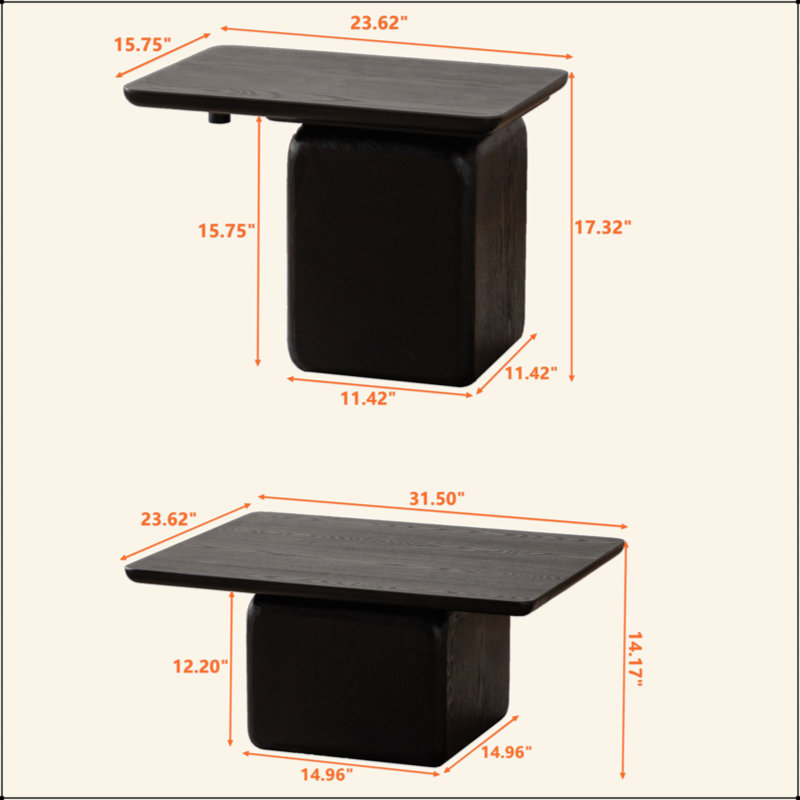 Ensemble de tables basses carrées de style rétro avec finition grain de bois, pour le salon, le bureau et la salle à manger, noir (ensemble de 2)