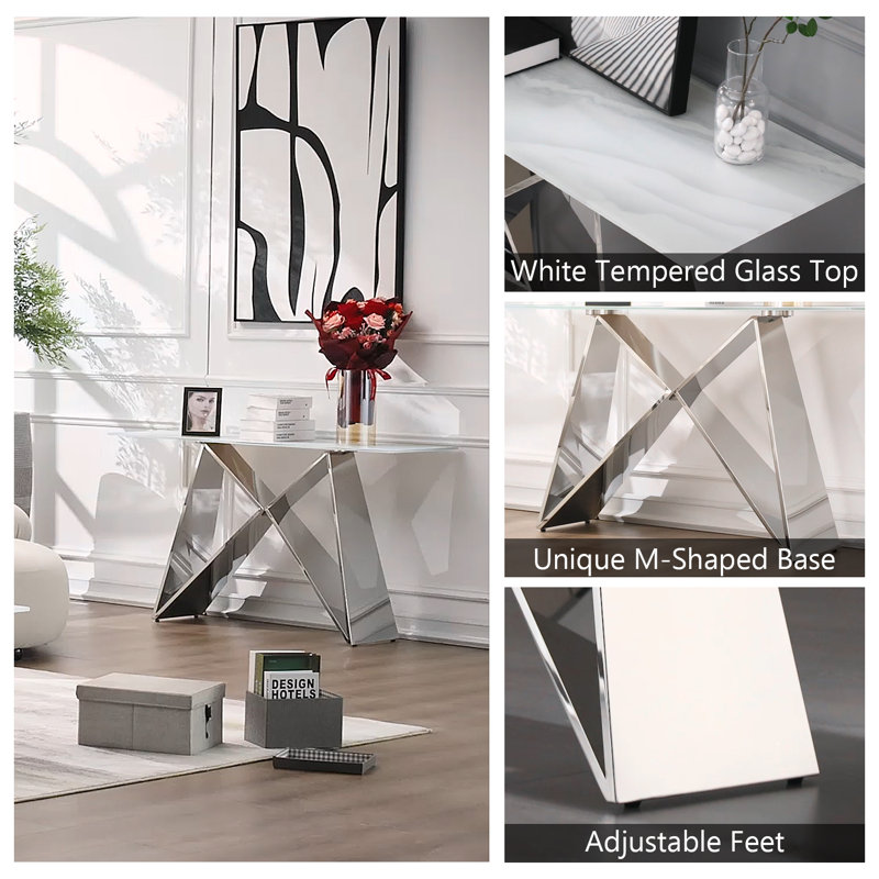 55 Inch White Tempered Glass Console Table With Mirrored Silver M-Shaped Base