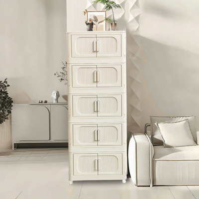 Armoire de rangement pliante latérale crème blanc, 19,69 po, 5 niveaux, 19,69 po x 11,81 po x 50,00 po, bacs de rangement pliables avec porte magnétique