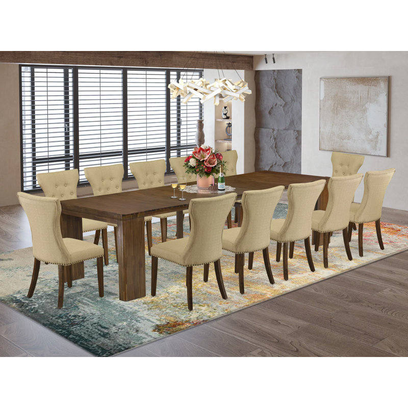 L'ensemble de table de cuisine 13 pièces comprend une table rectangulaire extensible et 12 chaises de salle à manger, noyer antique