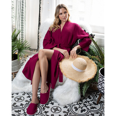 LOTUS LINEN Waffle Kimono Lightweight Robes - Cotton Bath Robe