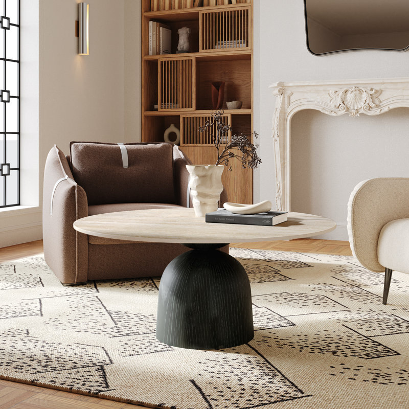 Meranda 41" Round Stone Coffee Table With Walnut Solid Wood Pedestal For Living Room & Home Decor, Beige, Charcoal Black