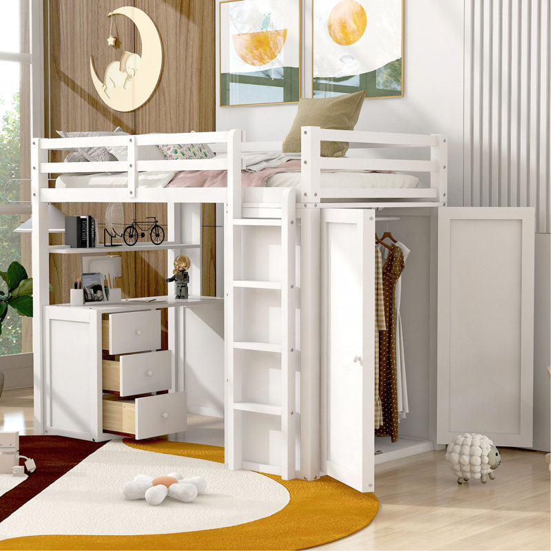 Lit mezzanine avec tiroirs, bureau et garde-robe, Lit simple, Blanc