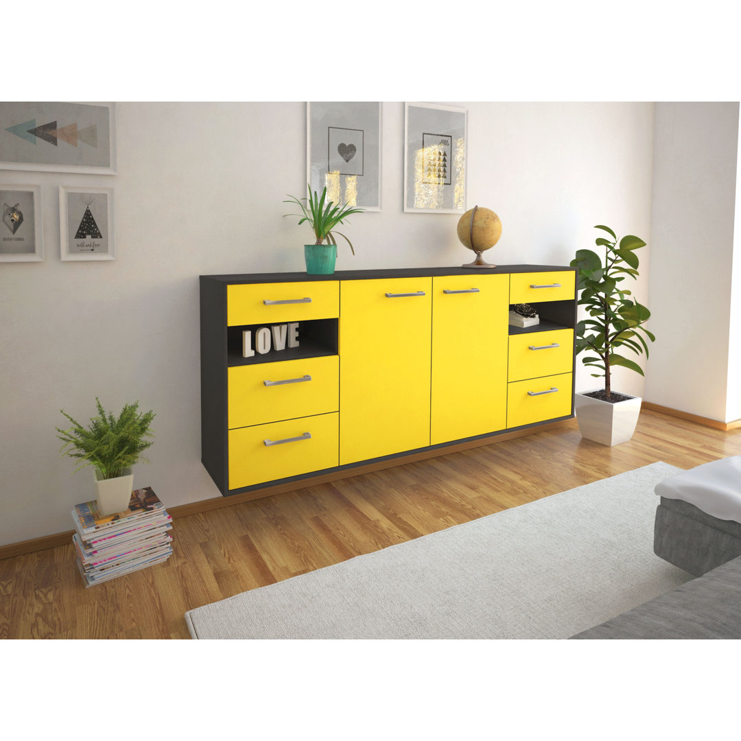 Sideboard Baheerathan, Farbe: Gelb/Weiß, Fliegend/Metallgriffe, Größe: 180x79x35 cm