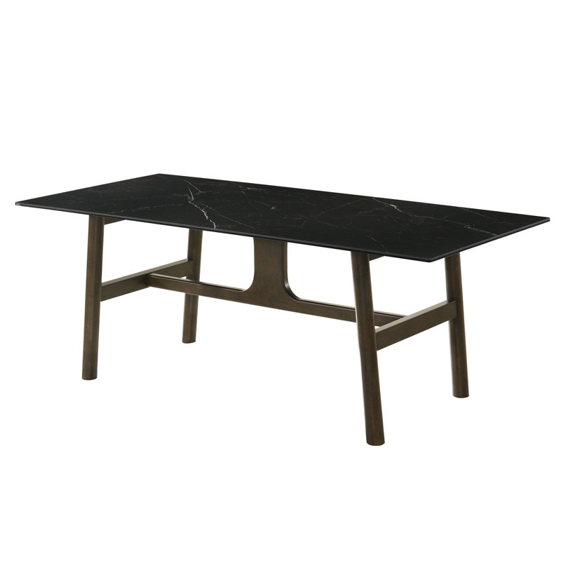 Table de salle à manger extraordinaire et élégante - Base en bois et céramique en verre trempé élégant, finition noyer riche