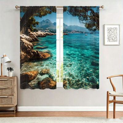 2Pcs rideaux avec vue sur l'océan, tissu filtrant la lumière, plage côtière avec imprimé turquoise, protection solaire et protection de la vie privée, conception à passe-tringle, convient au salon, à la chambre à coucher, au balcon et à la cuisine