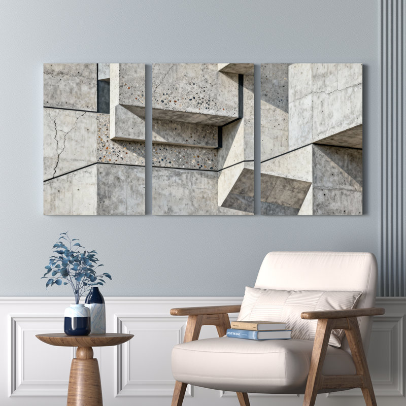 Béton architecture géométrique abstraite sur toile tendue, reproduction d'art sur toile, ensemble de 3, H 30 po x l 60 po