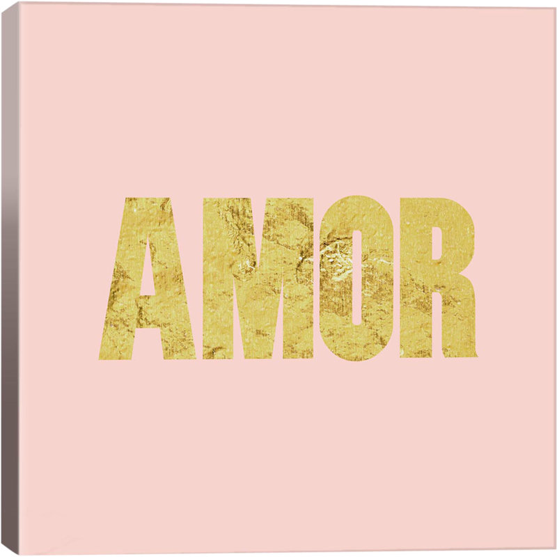 «Amor», art textuel sur toile en rose, H 18 po x l 18 po x P 1,5 po, Toile encadrée noire, Pas de tapis