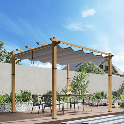 Outdoor Pergola Gazebo, Powder-Coated Metal Frame with Retractable Canopy, 10 ft. W x 10 ft. D, for Backyard, Patio, Deck and Porch