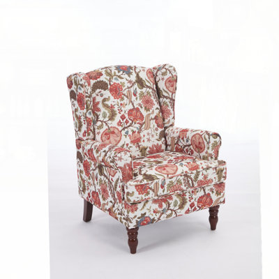 Modern Accent Chair with Retro Wood Legs/ Comfy Upholstered Armchair/ Floral Design Single Sofa for Living Room and Office