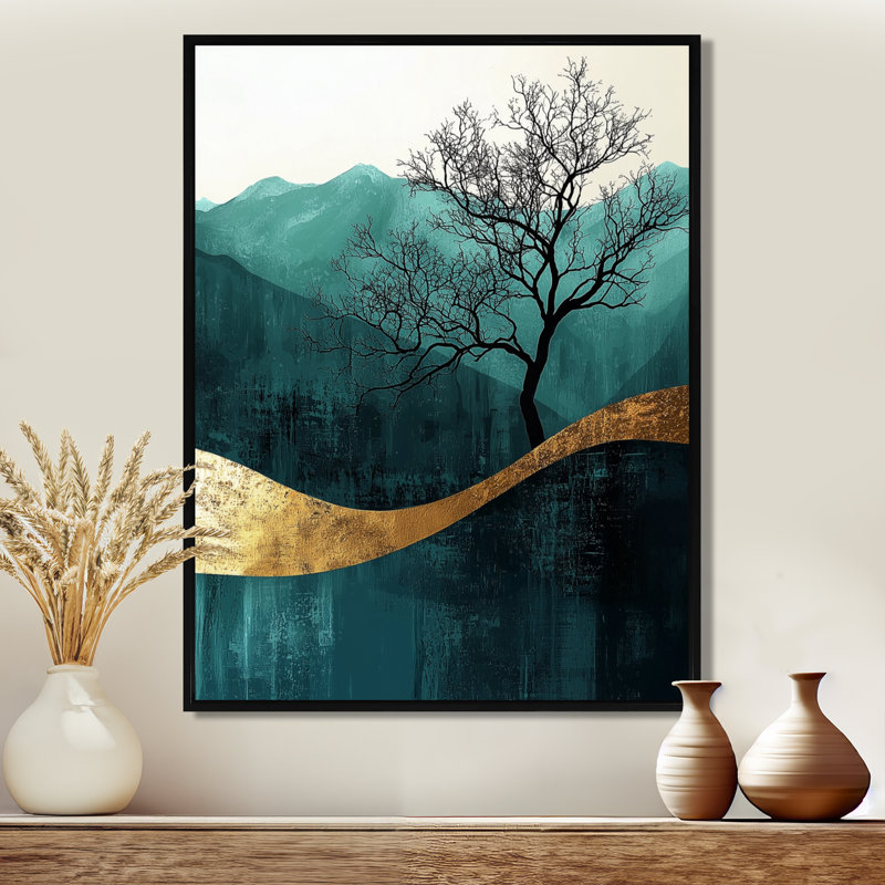 «Krogman Quiet Bold Tree In Emerald Gold Harmony - Mountains», reproduction d'art sur toile, Noir, H 20 po x l 12 po