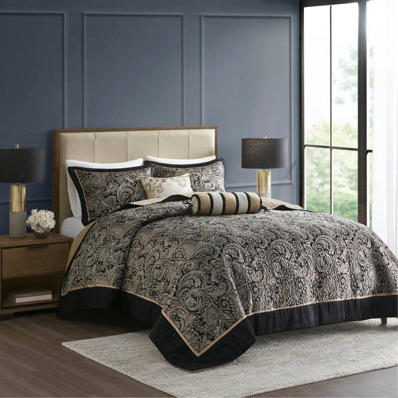 Ensemble de couvre-lit 5 pièces en jacquard avec coussins décoratifs, Couvre-lit pour grand lit et 4 pièces supplément, Noir