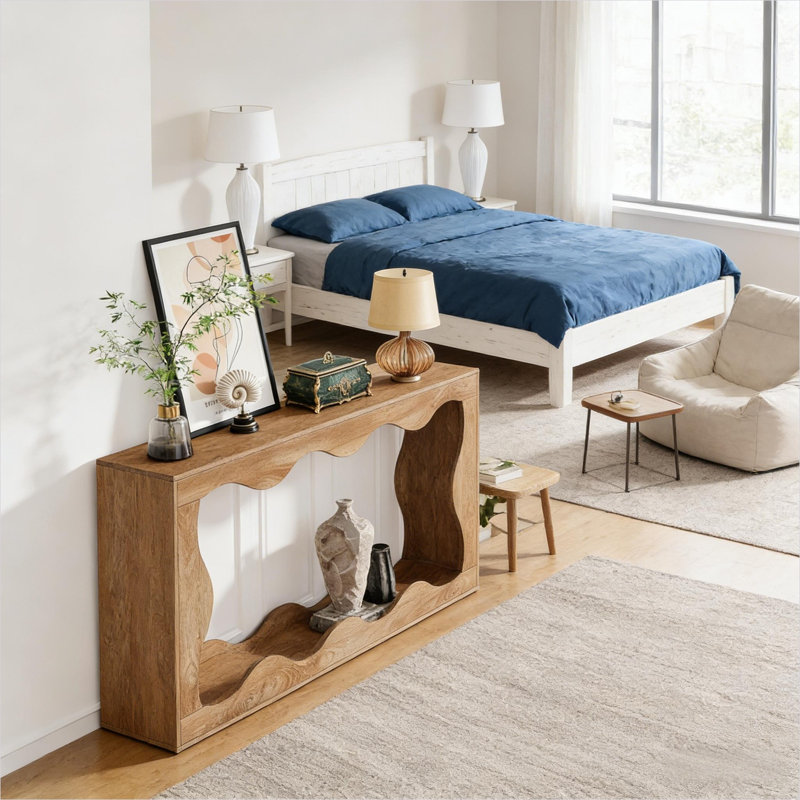 Table basse d'entrée avec design ondulé, console étroite rectangulaire de 63 pouces, rangement ouvert à deux niveaux, fabrication en bois aggloméré, finition grain de bois brun