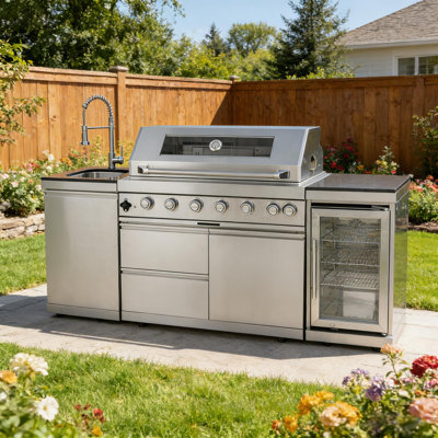 82" Propane Gas Grill Island With 6 Burners, 85,000 BTU Stainless Steel Outdoor Kitchen With Refrigerator And Granite Countertop, Silver