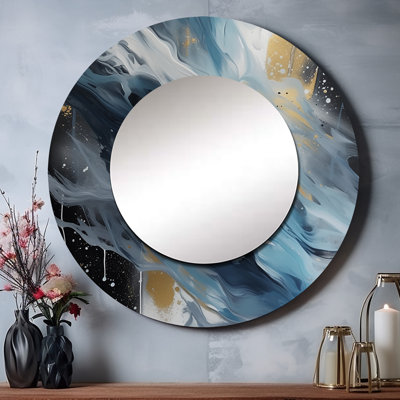 Blue And White Transcendent Brushstrokes II - Abstract Round Mirror Wall Decor_MTMIR62000