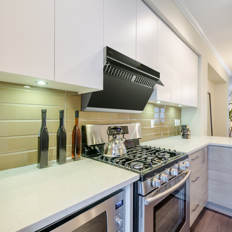 Hotte de cuisine FOTILE mains libres, fixation murale sous meuble, verre noir