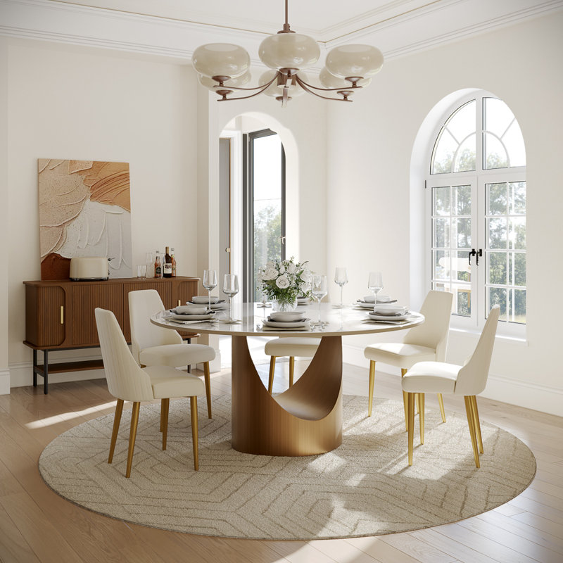 Modern Dining Room Sets, Pre-Assembly Round Dining Table Sets, Sintered Stone Tabletop Kitchen Dining Table Set With Upholstered PU Leather Chairs