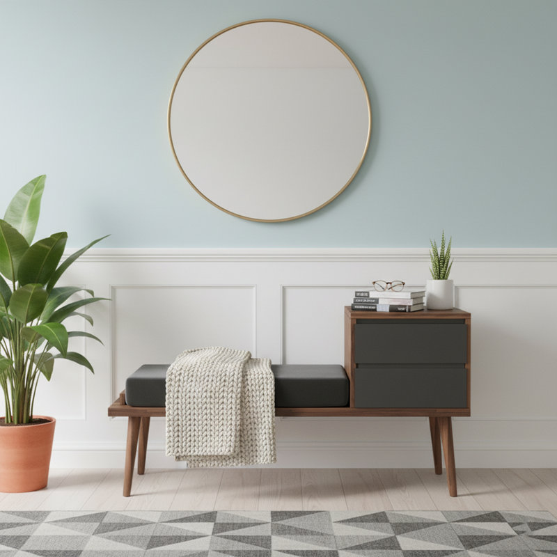 Banc de hall d'entrée moderne Mid-Century avec coussin et 2 tiroirs de rangement