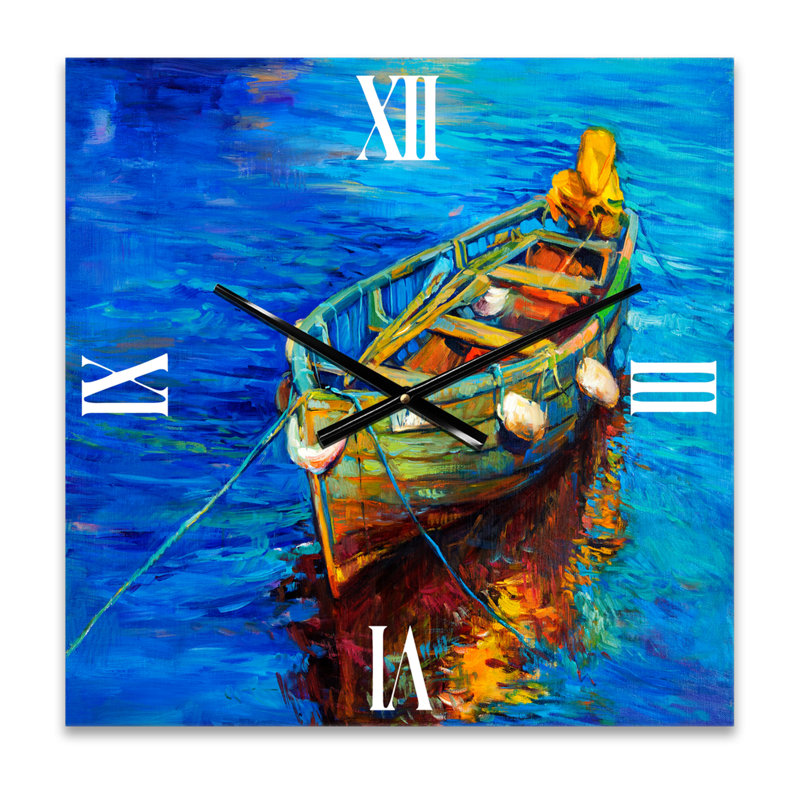 Bateaux se reposant sur l'eau pendant un coucher de soleil chaud IV - Horloge murale nautique et côtière, Moyen