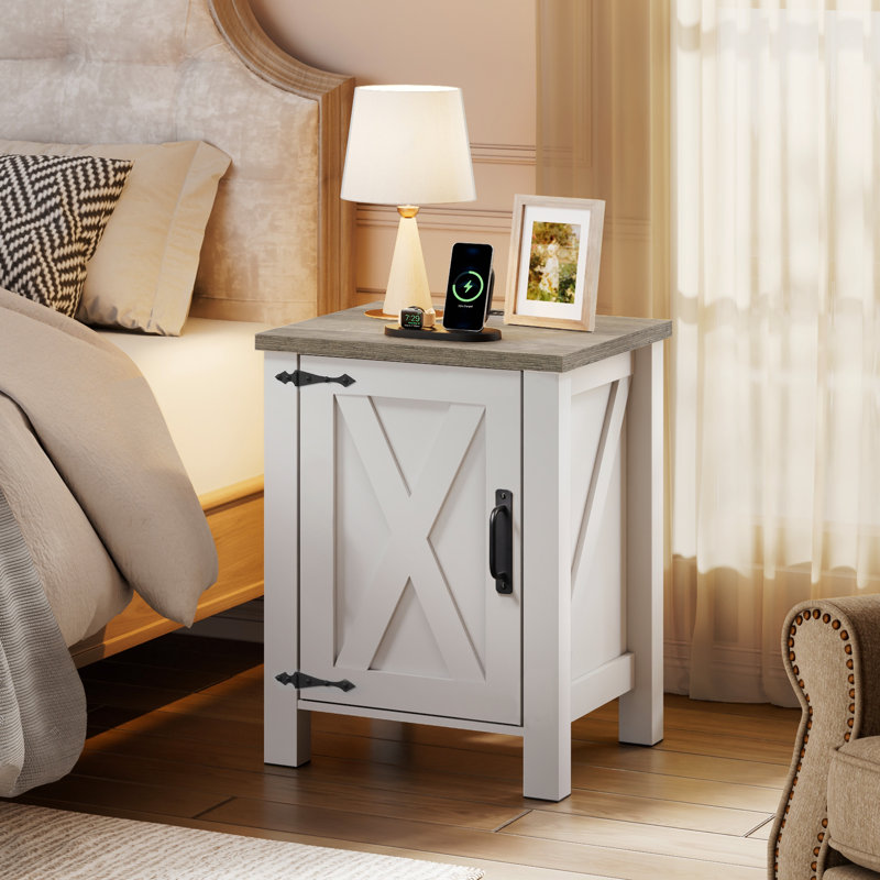 Adaija 18" W Nightstand with Charging, Farmhouse End Table with Barn Door and 3-Level Shelf Storage, Rustic Side Table with AC & USB Power Outlets for Bedroom and Living Room