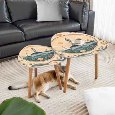 Ensemble de 2 tables basses gigognes triangulaires, océan, paysage, voilier, bateau de pêche, coquillages, table de bout nautique, table d'appoint moderne et minimaliste pour salon, chambre à coucher