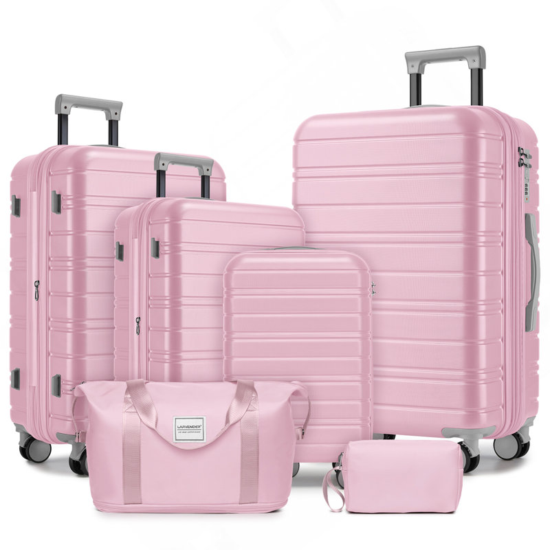 Ensemble de 6 valises avec sacs de voyage, valises rigides extensibles avec roulettes, rose