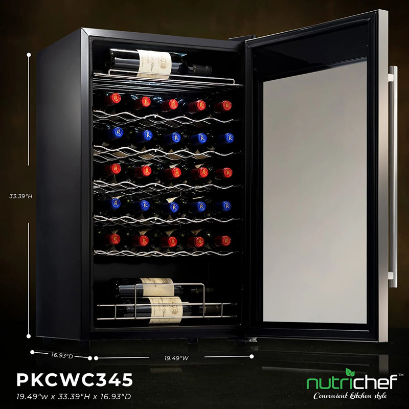 NutriChef Single Zone 19.49'' Freestanding 34 Bottle Wine Refrigerator