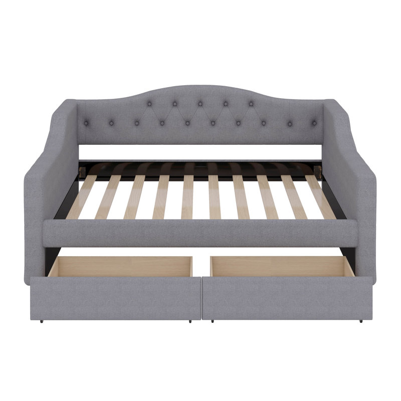 Daybed With two storage drawers And LED, Upholstered Linen Day Bed Frame With Tufted Button Backrest, Gray, Twin XL