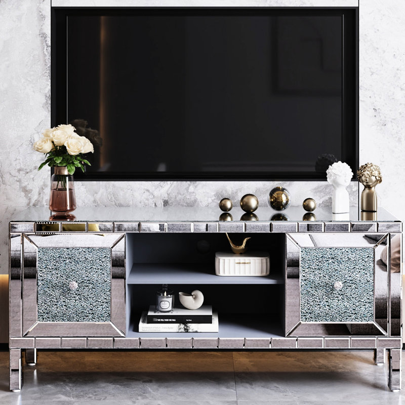 Meuble télé miroir compatible 60 et 65 pouces, verre diamant scintillant, tablettes réglables pour appareils multimédias, table moderne 60 pouces - Rangement fonctionnel pour votre salon