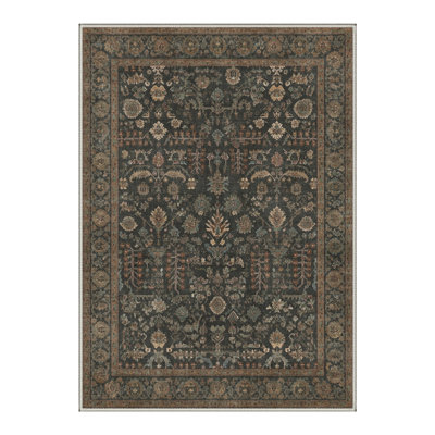 Roehit Vintage Distressed Persian Floral Machine Washable Grey / Green Indoor Area Rug with Non-Slip Backing