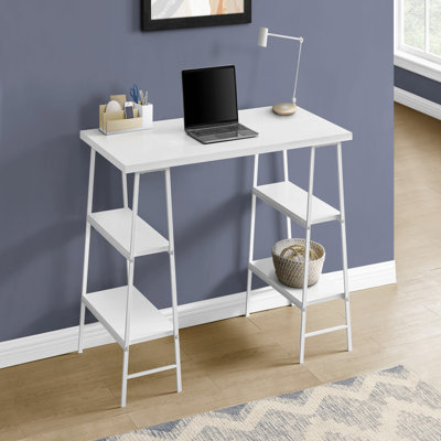 Bureau d'ordinateur, bureau personnel, ordinateur portable, tablettes de rangement, L 48 po, travail, stratifié blanc, métal blanc, contemporain, moderne