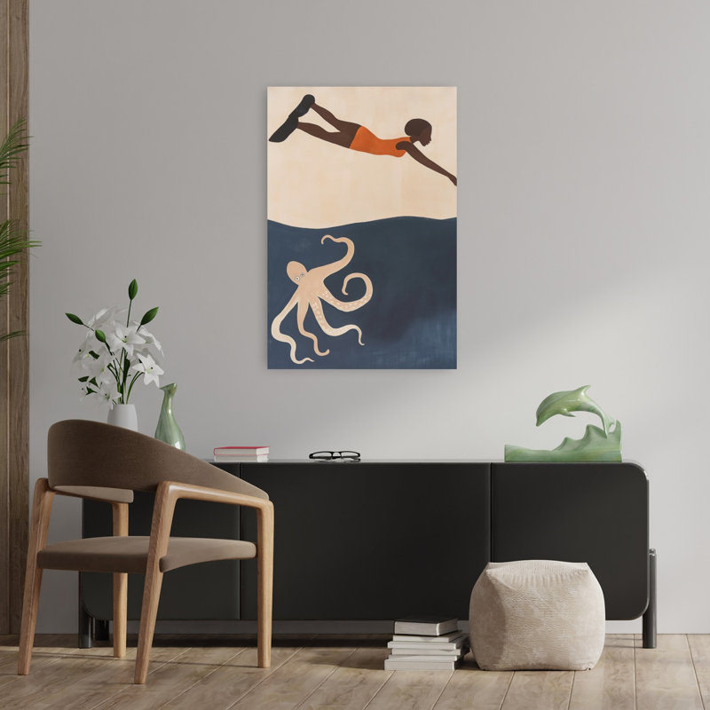 Swimmer Meets Octopus Minimalist Octopus Wall Art Print 1 Piece Wrapped Canvas Wall Art, 91.44cm H x 60.96cm W