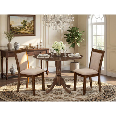 3 Piece Dinette Set for Small Spaces Contains a Round Dining Table with Dropleaf and 2 Light Tan Linen Fabric Parsons Dining Chairs, 42x42 Inch, Natural Walnut