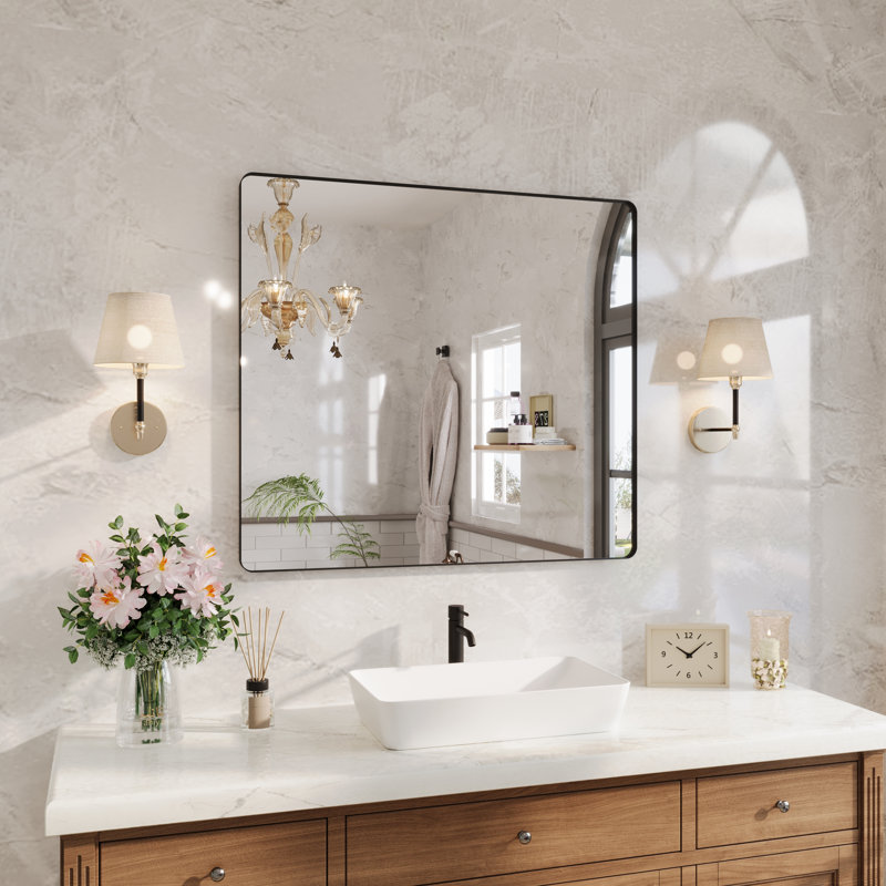 Miroir de salle de bain rectangulaire 40 po x 36 po, cadre de coin fermé noir mat, verre trempé, fixation murale horizontale et verticale, étanche