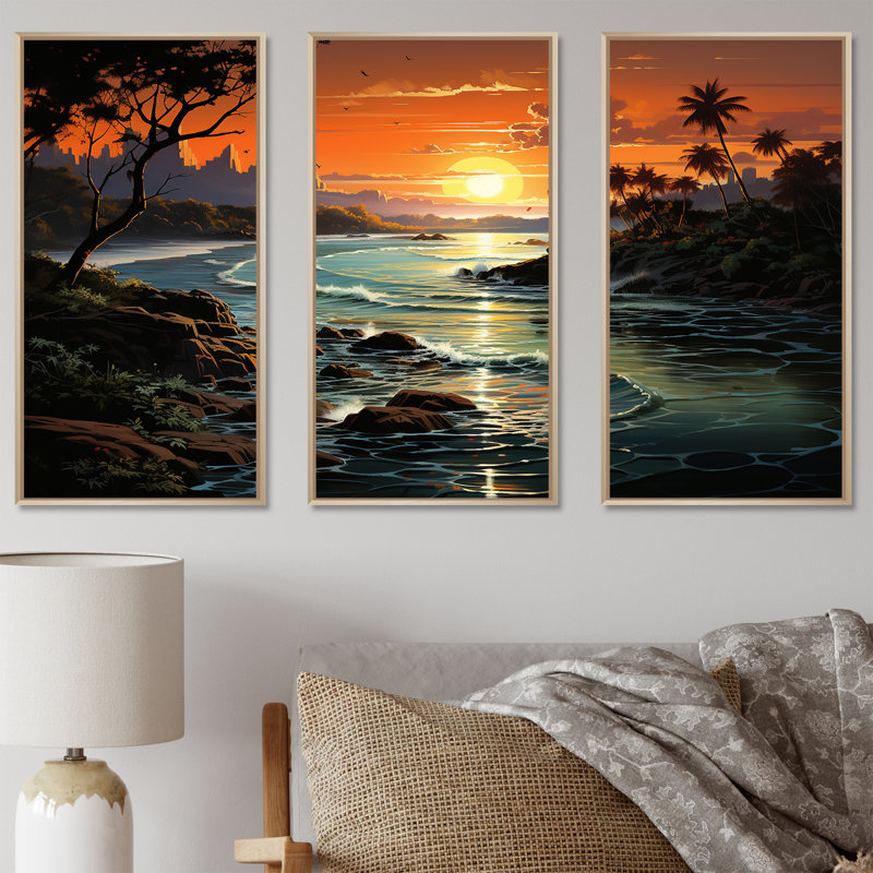 «Vintage Tropical Coastline Paradise IV», art mural bord de mer tropical, Cadre flottant brun, H 32 po x l 48 po x P 1 po